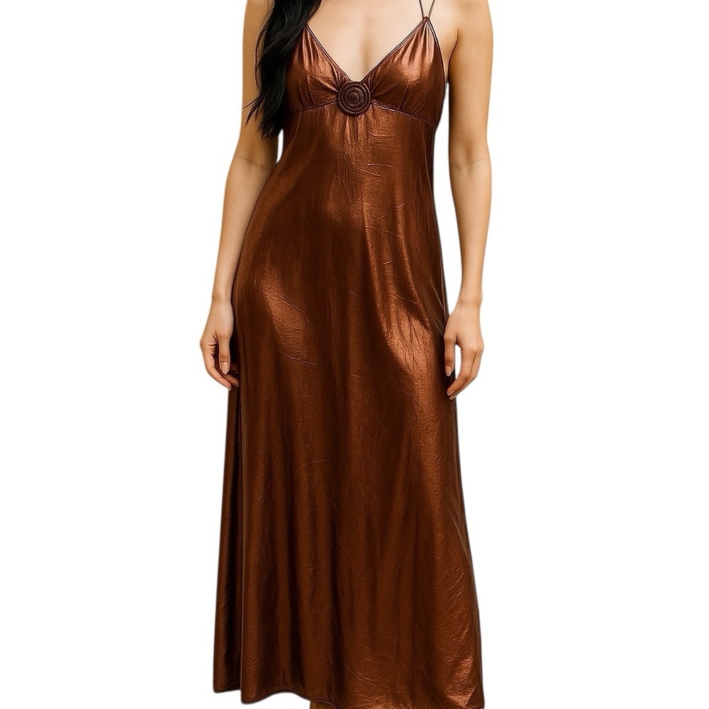 NWT Brown Sleeveless Metallic Shimmering V-Neck Slip Design Maxi Dress Sz S